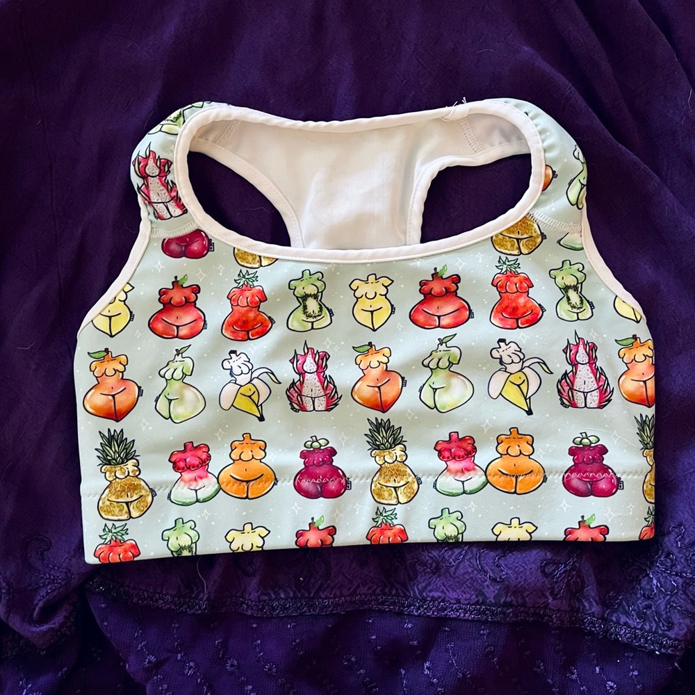 Cute “Tripple-Boob Goddess” Fruit Print Racerback Crop Top